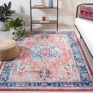 Riviera Navy/Red 5 ft. x 8 ft. Machine Washable Medallion Border Area Rug