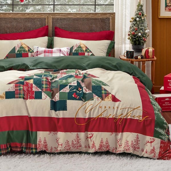 3-Piece Red & Green Christmas Tree Ultra-Soft Polyester King Duvet Cover Set with 1 Duvet Cover and 2 Pillow Shams