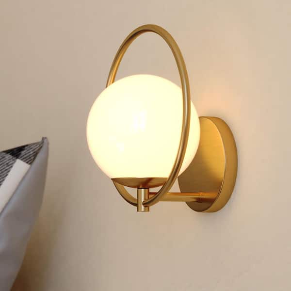 VAXCEL Bucktown 1-Light Gold Brass Mid-Century Modern Wall Sconce White Globe Glass