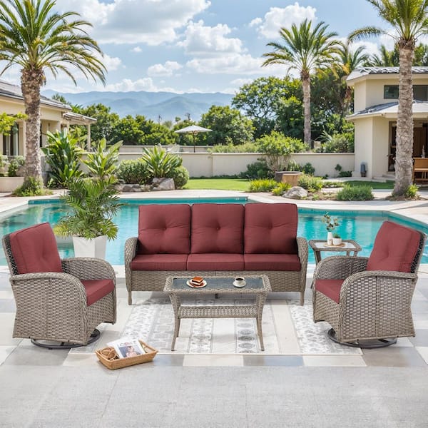 moosprr Flatarmrest 5-Piece Gray Wicker Patio Conversation Set with Olefin Red Cushions Couch/Patio Swivel Chairs