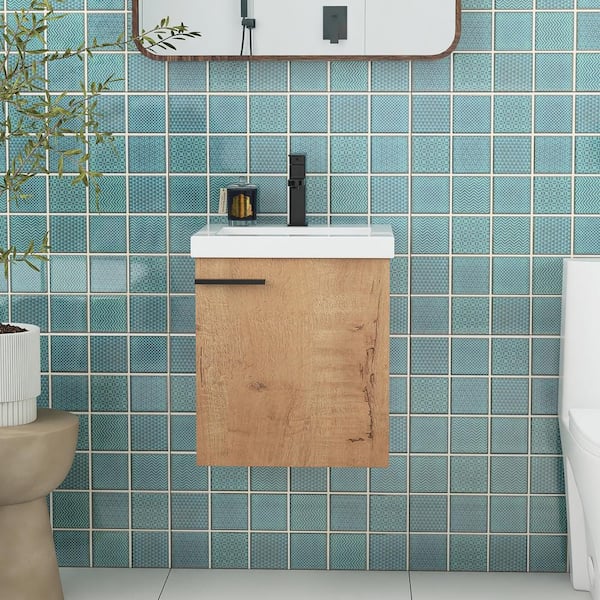 Unbranded 18 in. W x 15 in. D x 21 in. H Wall Mounted Single Sink Bath Vanity in Imitative Oak with White Ceramic Top