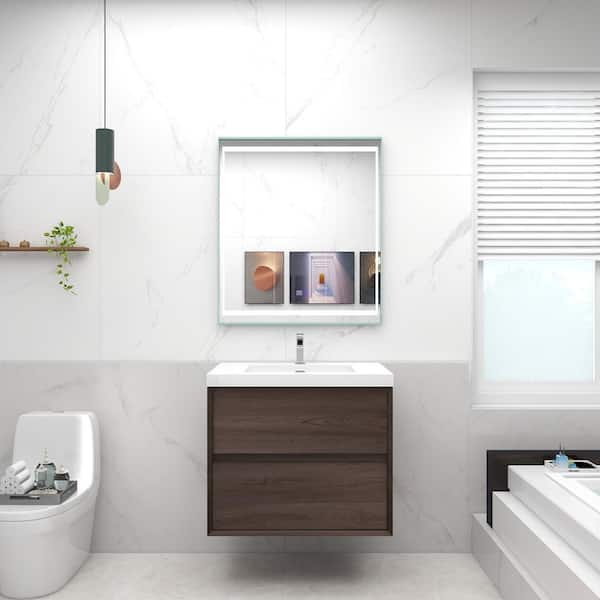 Kingdee 30 in. W x 20 in. D x 26 in. H Single Sink Floating Bath Vanity in Red Oak with White Acrylic Top