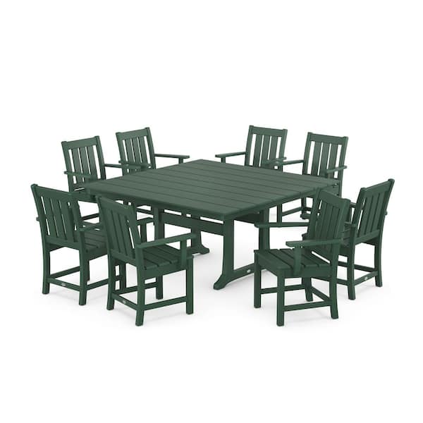 POLYWOOD 9-Piece Oxford Farmhouse Trestle Plastic Square Outdoor Dining Set in Green