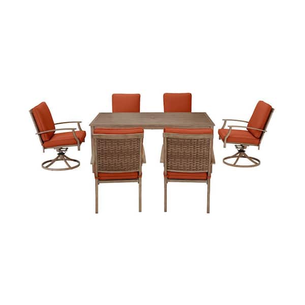 Hampton Bay Geneva 7-Piece Brown Wicker Outdoor Patio Dining Set with CushionGuard Quarry Red Cushions