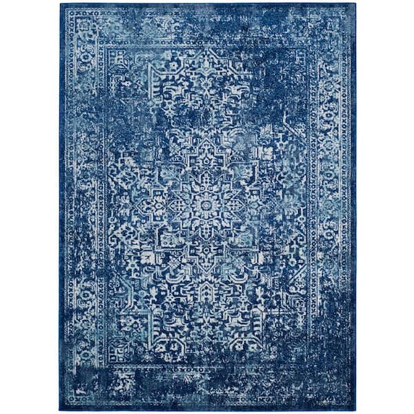 Evoke Navy/Ivory 6 ft. x 8 ft. Distressed Border Medallion Area Rug