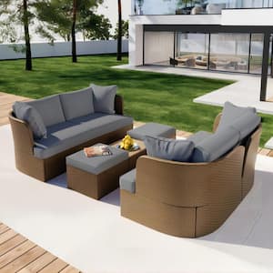 5-Piece Wicker Outdoor Patio Conversation Furniture Sofa Set with Grey Thick Cushions