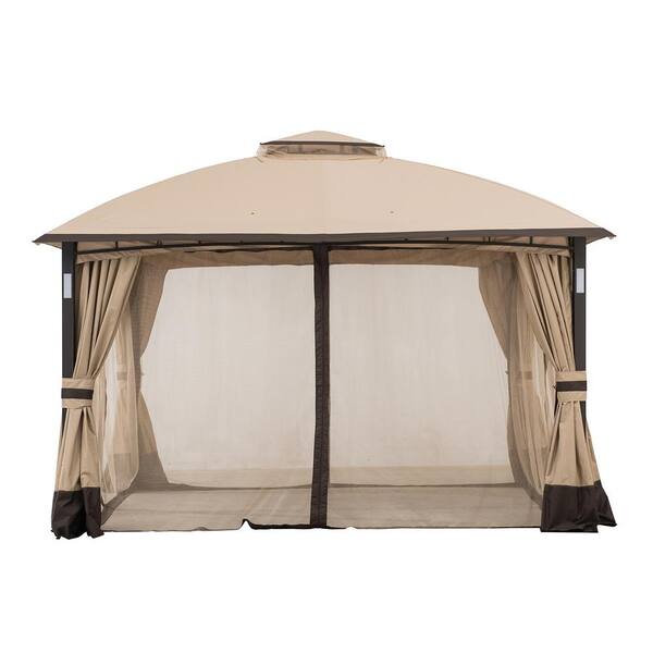 Sunjoy Wynonna 11 Ft X 13 Ft Tan And Brown Gazebo With Led Lighting And Bluetooth Sound 169292 The Home Depot
