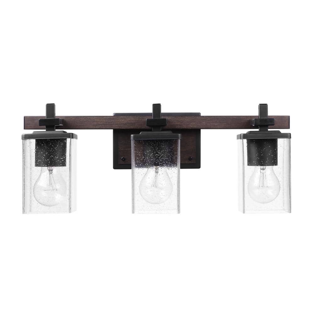 Dakota 20 in. 3-Light Matte Black Vanity Light with Dark Faux Wood Accents 