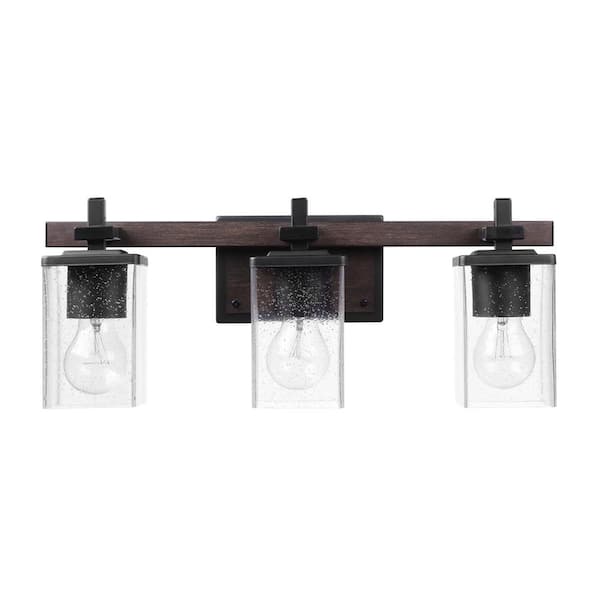 Globe Electric Dakota 20 in. 3-Light Matte Black Vanity Light with Dark Faux Wood Accents and Clear Seeded Glass Shade