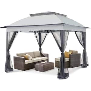 11 ft. x 11 ft. Outdoor Gray 2-Tier Soft Top Pop Up Canopy with Removable Zipper Netting