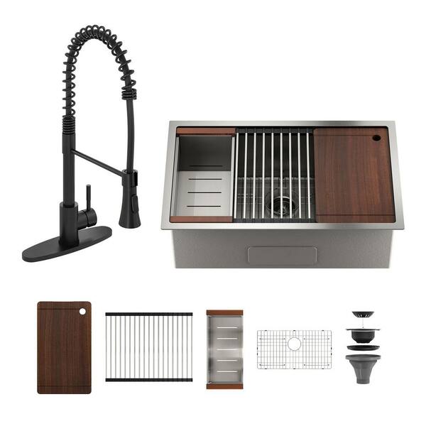 32 in. Undermount Single Bowl 18-Gauge Brushed Stainless Steel Kitchen Sink with Infrared Sensor Faucet and Accessories