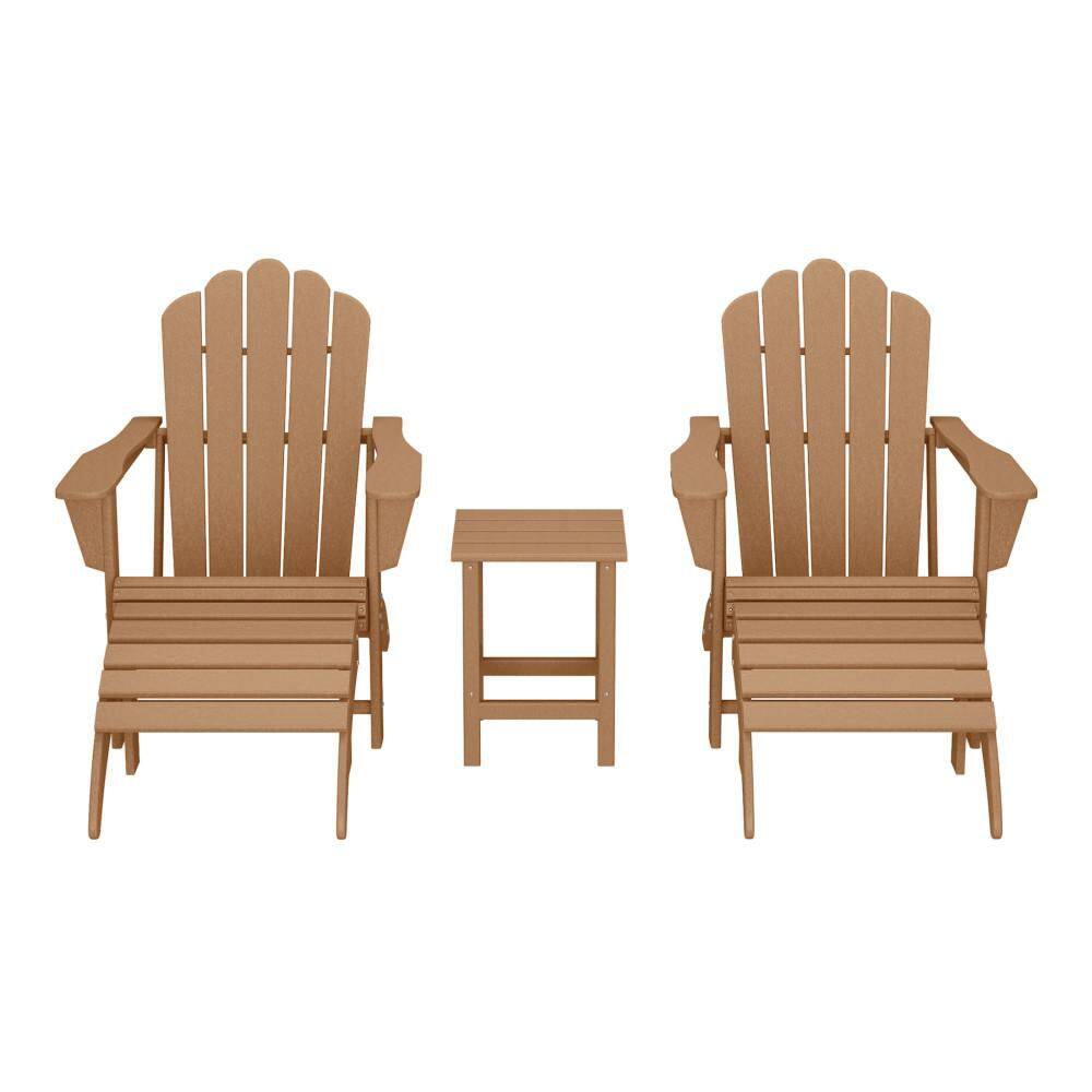 Aderson 5-Piece All Weather Outdoor Patio HDPE Adirondack Chairs w/ Cupholders, Side Table and Ottomans in Teak price history on PriceWatchPro