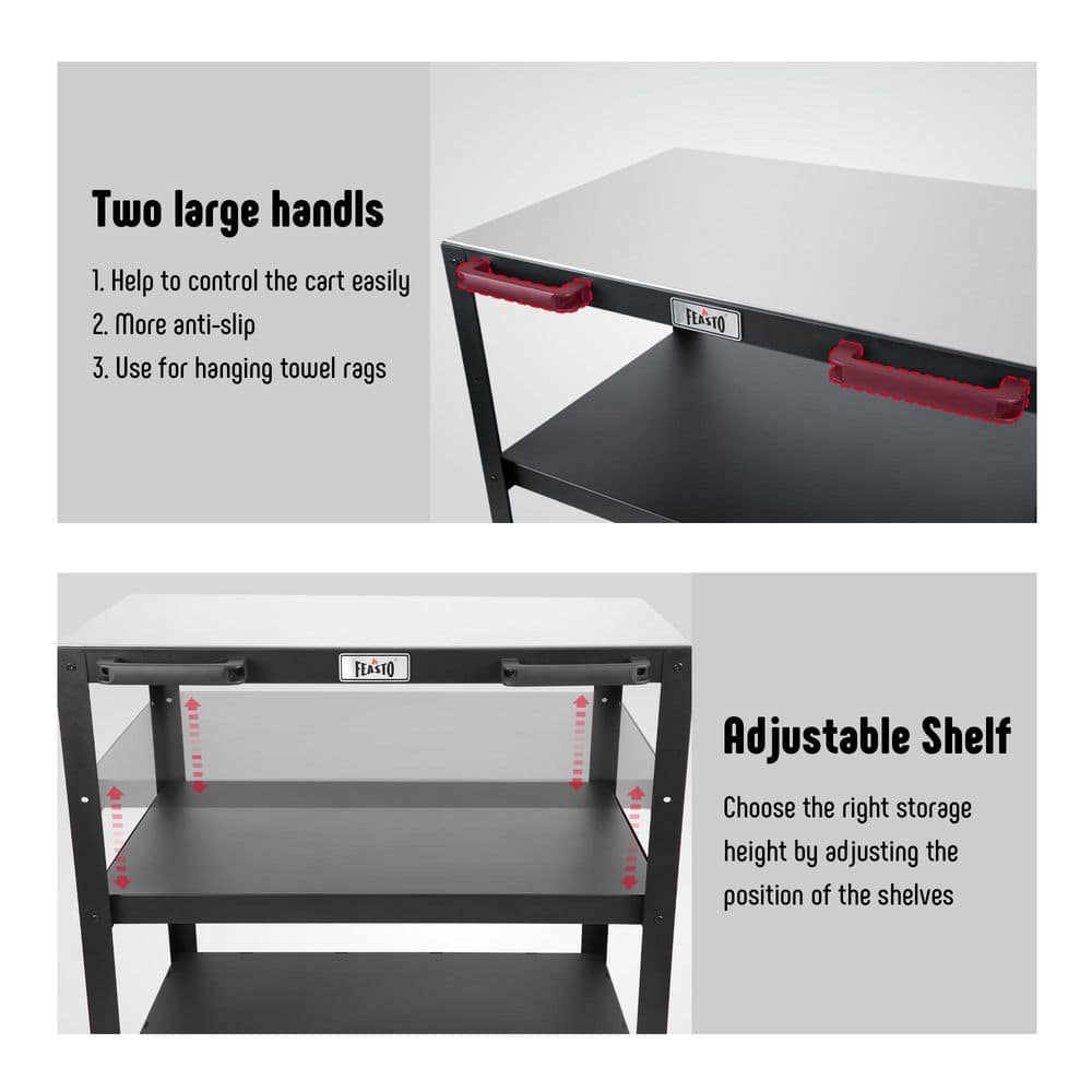 Feasto 3-Shelf Black and Stainless Steel Outdoor Kitchen Cart