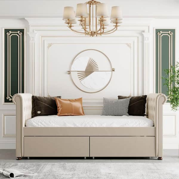 URTR White Twin Daybed with Trundle, Extendable Daybed Twin to King with Two Drawers, Wooden Sofa Bed Frame for Living Room