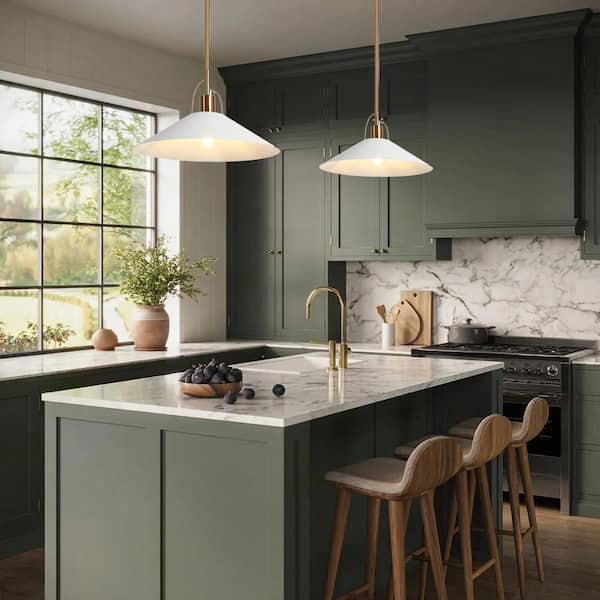 Modern Coastal Pendant Light 1-Light Matte White Island Hanging Ceiling Light with Geometric Bell Shade and Brass Accent