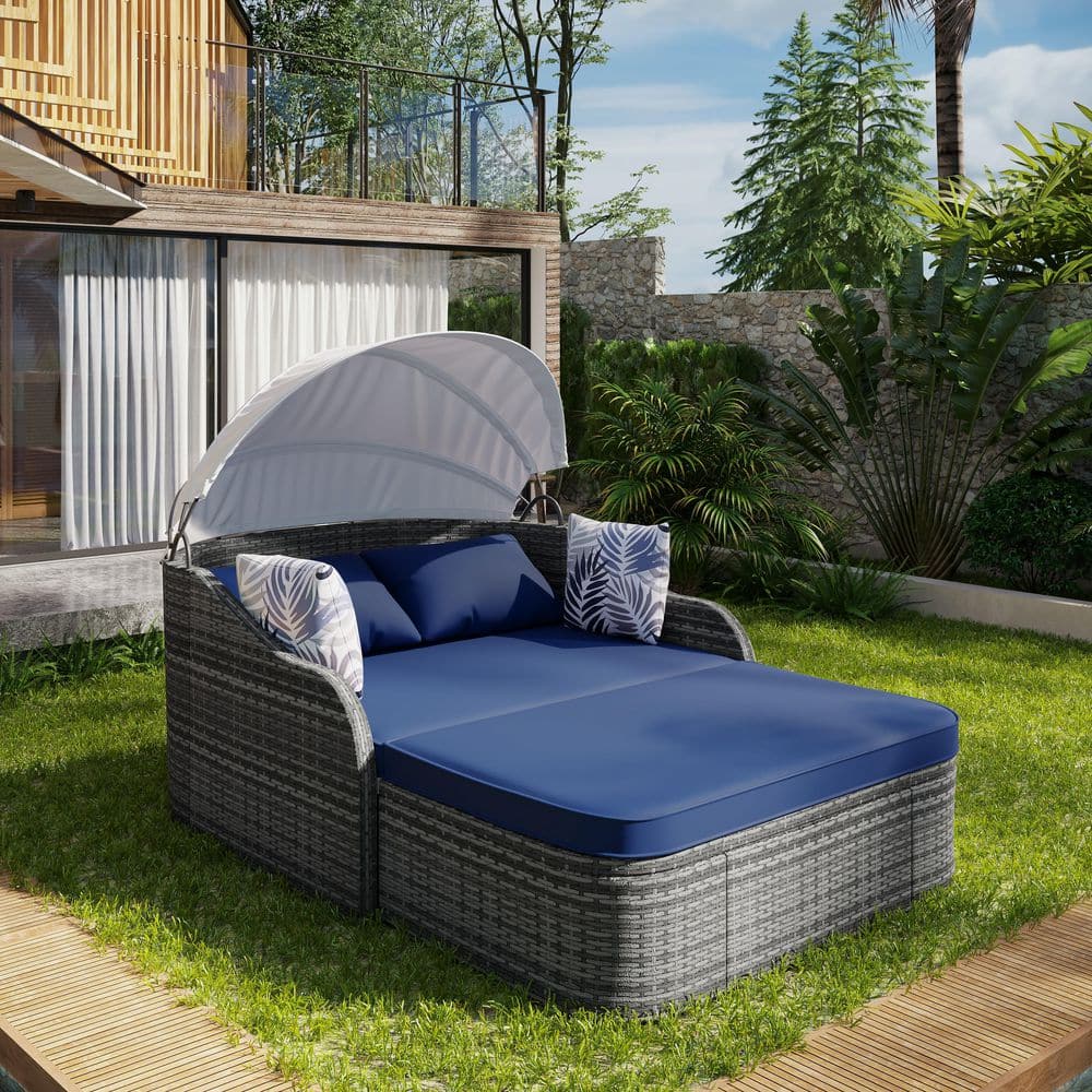 80 in. Gray Wicker Outdoor Day Bed with Adjustable Canopy and Blue Cushions