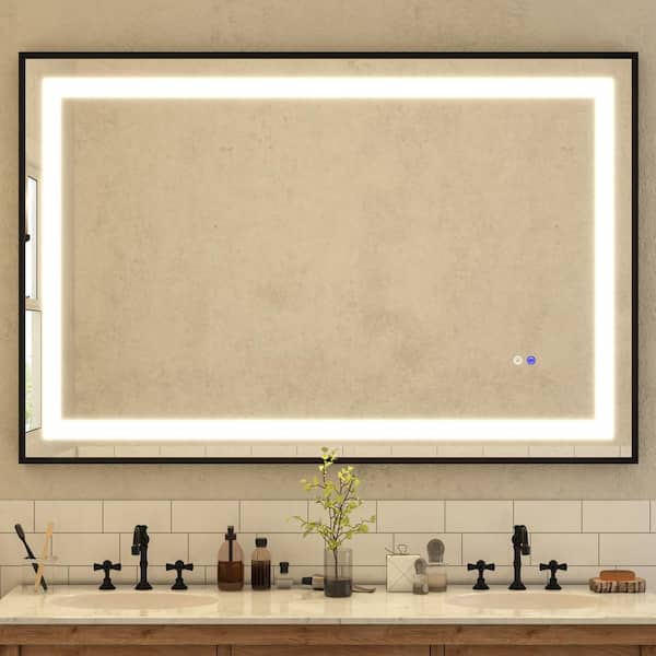WOODSAM 60 in. W x 40 in. H Rectangular Aluminum Framed Anti-Fog LED Lighted Wall Bathroom Vanity Mirror in Brushed Black