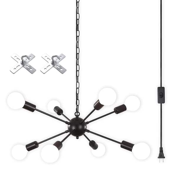 8-Light Plug-In Sputnik Chandelier with 16.4 ft Cord, On/Off Switch, Adjustable Chain, Black E26 Pendant Light