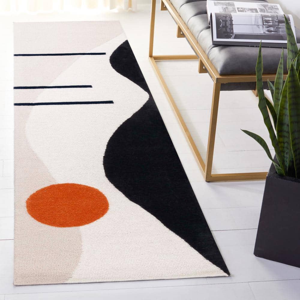 Beige and Black Wool Hand-Tufted Runner Rug