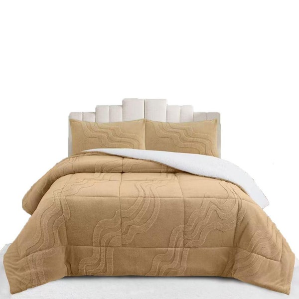 MEW 3-Pieces Beige Wave Jacquard Queen Size Polyester Sherpa Comforter Set