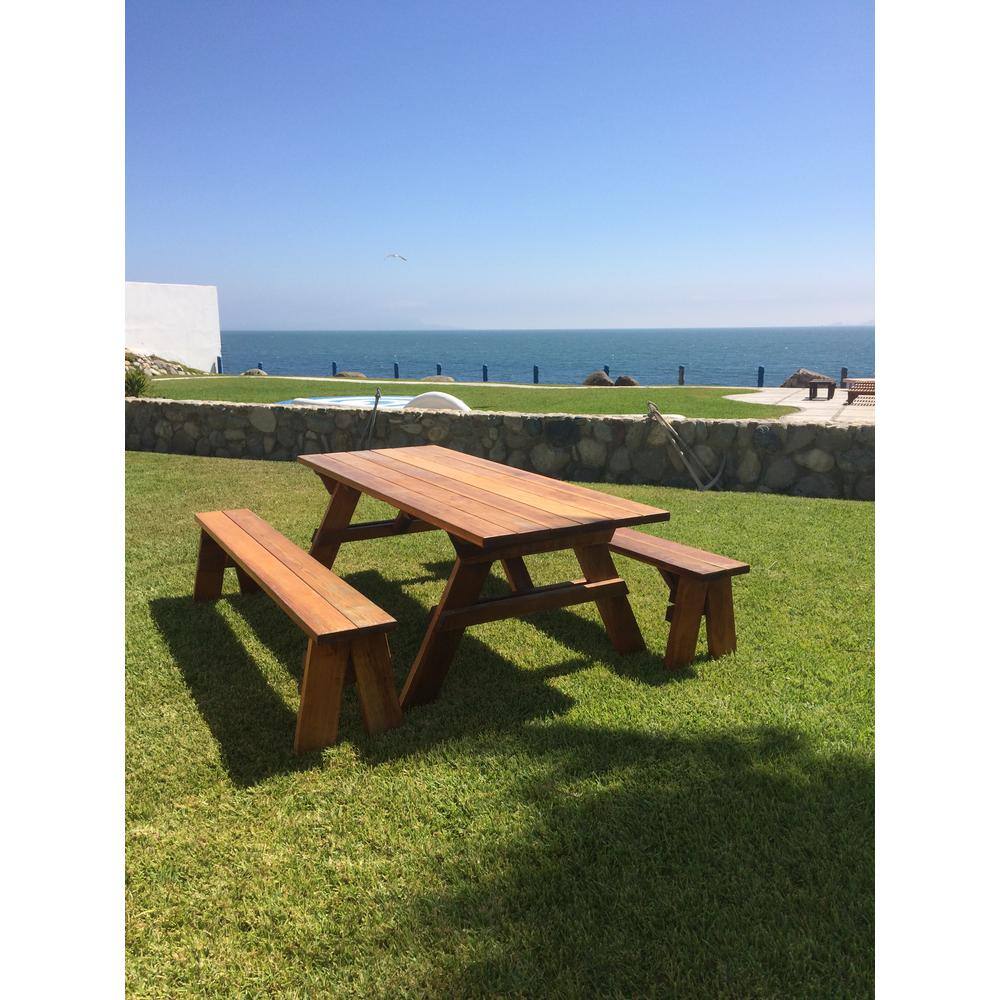 72" Medium Brown Redwood Picnic Table with Detached Benches
