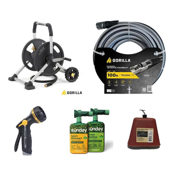 175 ft. Aluminum Hose Reel, 5/8 in. x 100 ft. Hose, Adjustable Nozzle, 43 oz. Fertilizer and Faucet Cover Combo
