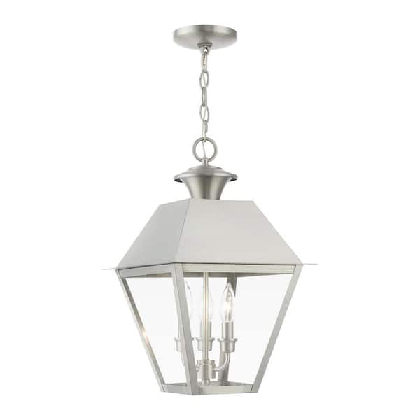 AVIANCE LIGHTING Helmsdale 19 in. 3-Light Brushed Nickel Dimmable Outdoor Pendant Light with Clear Glass and No Bulbs Included