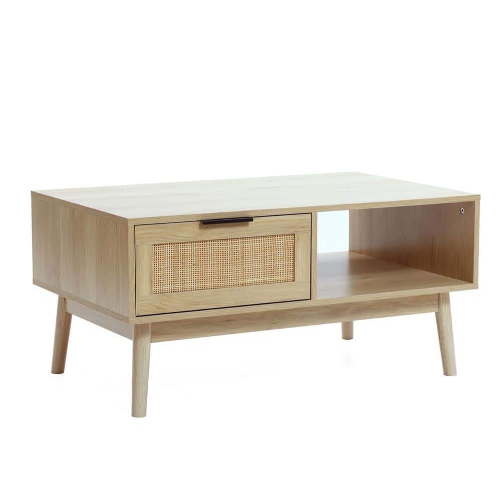 White Oak Finish Rectangular Wood Coffee Table with Storage