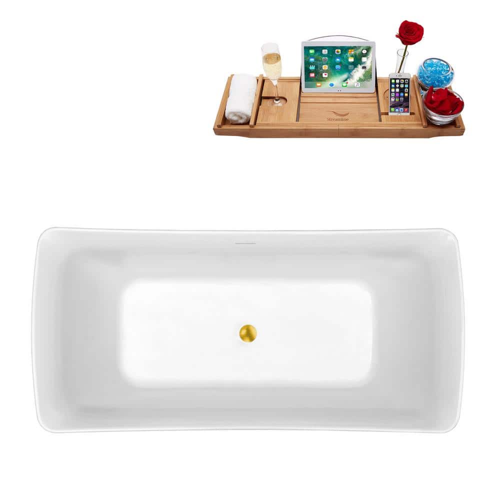 62'' Glossy White Acrylic Freestanding Bathtub with Polished Gold Drain