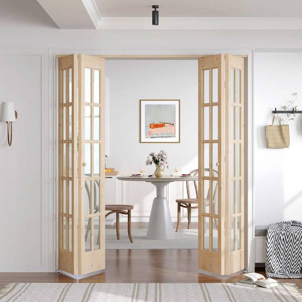 72 in. x 80 in. (Double 36 in. Bifold Door) Pre Assembled Clear Glass Spruce Solid Core Wood Bi-fold Door with Hardware