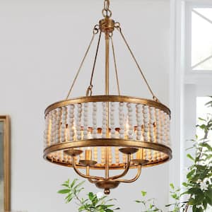 Rustic Gold Drum Candlestick Island Chandelier, 4-Light Modern Farmhouse Kitchen Chandelier with Wood Beads