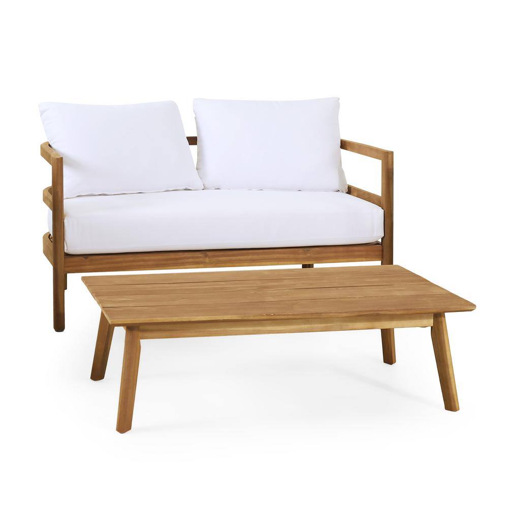 Susie Teak Finish 2-Piece Solid Wood Outdoor Patio Conversation Set with White Cushions