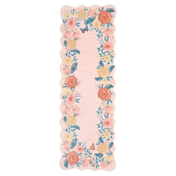 Wavy Edge Decorative Rug Machine Washable Vintage Floral Printed Area Carpet for Bedroom Apartment Pink，2X6ft