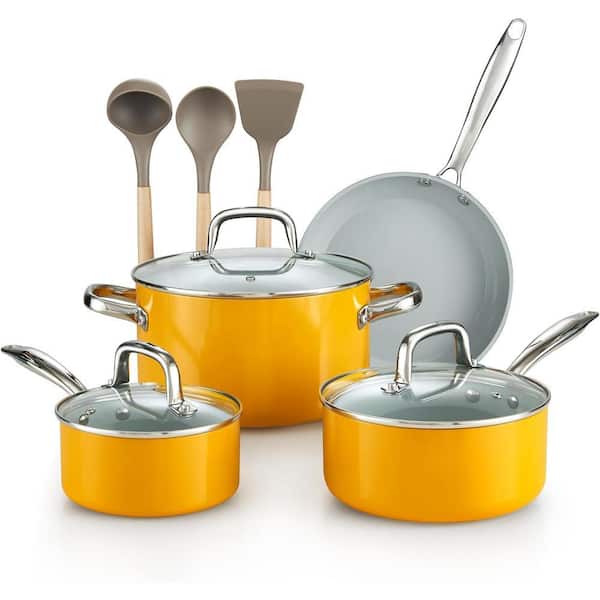 10-Piece Hard Anodized Aluminum Nonstick Healthy Ceramic Cookware Set, Yellow