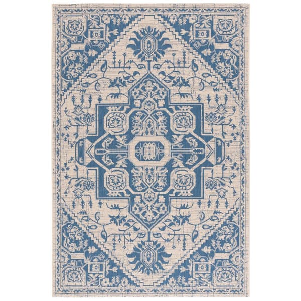 Courtyard Beige/Blue 5 ft. x 8 ft. Medallion Floral Orante Indoor/Outdoor Area Rug