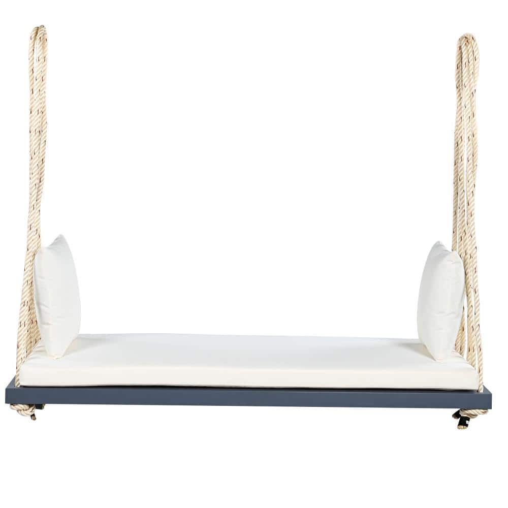 Gray 2-Person Acacia Wood Porch Swing Bed with White Cushion, Pillows and 10.8 ft. Hemp Ropes price history on PriceWatchPro
