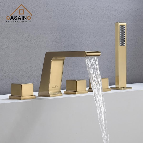 3-Handle Tub-Mount Roman Tub Faucet with Hand Shower in Brushed Gold