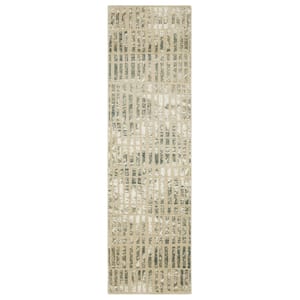 Ross Ivory/Blue 2 ft. x 8 ft. Geometric Distressed Polypropylene/Polyester Fringed Indoor Runner Area Rug