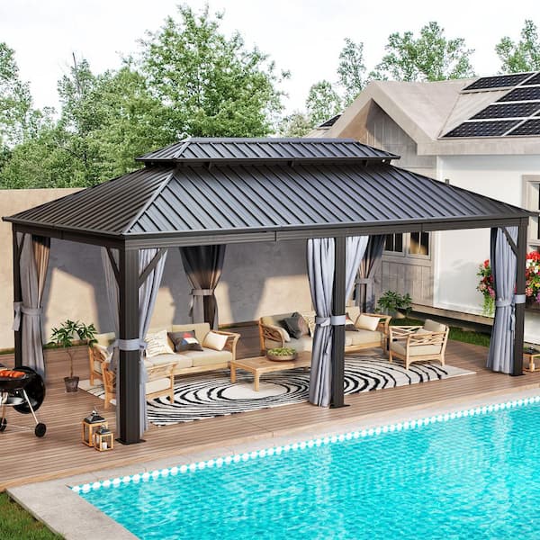 Sizzim 20 ft. W x 12 ft. D Galvanized Steel Double Roof Aluminum Frame Hardtop Gazebo with Ceiling Hook, Curtains and Netting