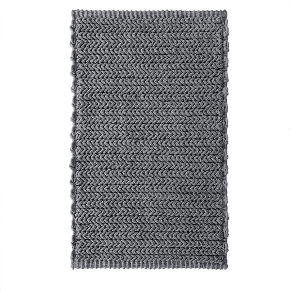 Vsmile 24 in. W. x 40 in. 100% Gray Cotton Chenille Chain Stitch Bathroom Rug with Non-Skid Backing