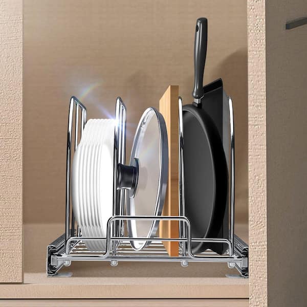 Silver Standing Pan and Pot Rack, Expandable Pull Out Under Cabinet Organizer, Lid Holder for Kitchen Cabinet