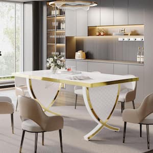 Halsey 63 in. White Engineered Wood Sled Dining Table with Gloss Top, Modern Rectangle Dinner Kitchen Table for 4