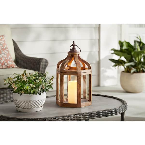 Hampton Bay Brown Small Wood Lantern with Metal Top