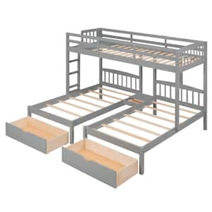 Gray Twin Over Twin and Twin Wood Bunk Bed, Triple Bunk Bed with Two Drawers and Built-in Middle Drawer for Kids, Teens