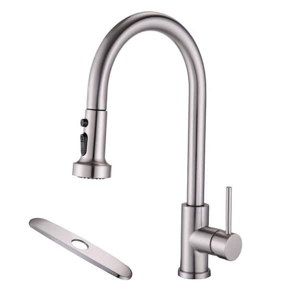 Aurora Decor ABAd Single Handle Deck Mount Gooseneck Pull Down Sprayer Kitchen Faucet with Deckplate in Brushed nickel