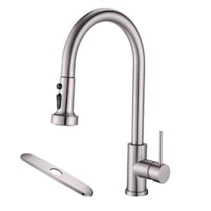 ABA Single Handle Deck Mount Gooseneck Pull Down Sprayer Kitchen Faucet with Deckplate in Brushed nickel
