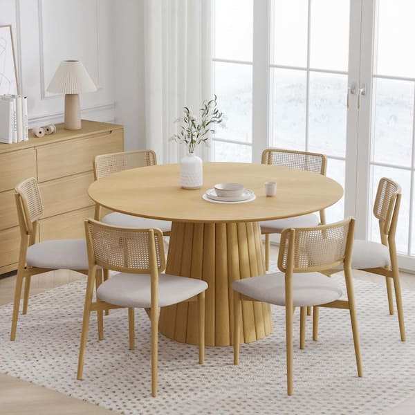Dovelina 52 in. Natural Oak Wood Color Column Pedestal Round Kitchen Table Dining Table Seats 4
