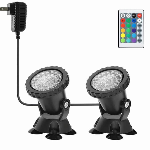 RGB Color-Changing IP68 Submersible Pond Spot Lights, 2-Pack, 36 LEDs Each, 16 Colors, 4 Modes, Outdoor