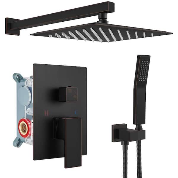 1-Spray Shower Faucet 1. 8 GPM Square High Pressure Wall Bar Shower System with Valve and Hand in Oil-Rubbed Bronze