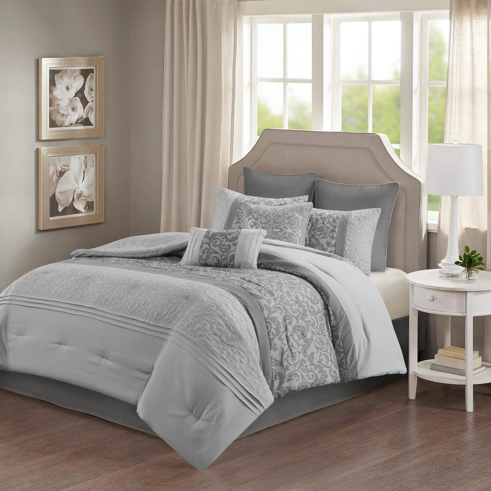 Gray Queen Microfiber 8-Piece Embroidered Comforter Set